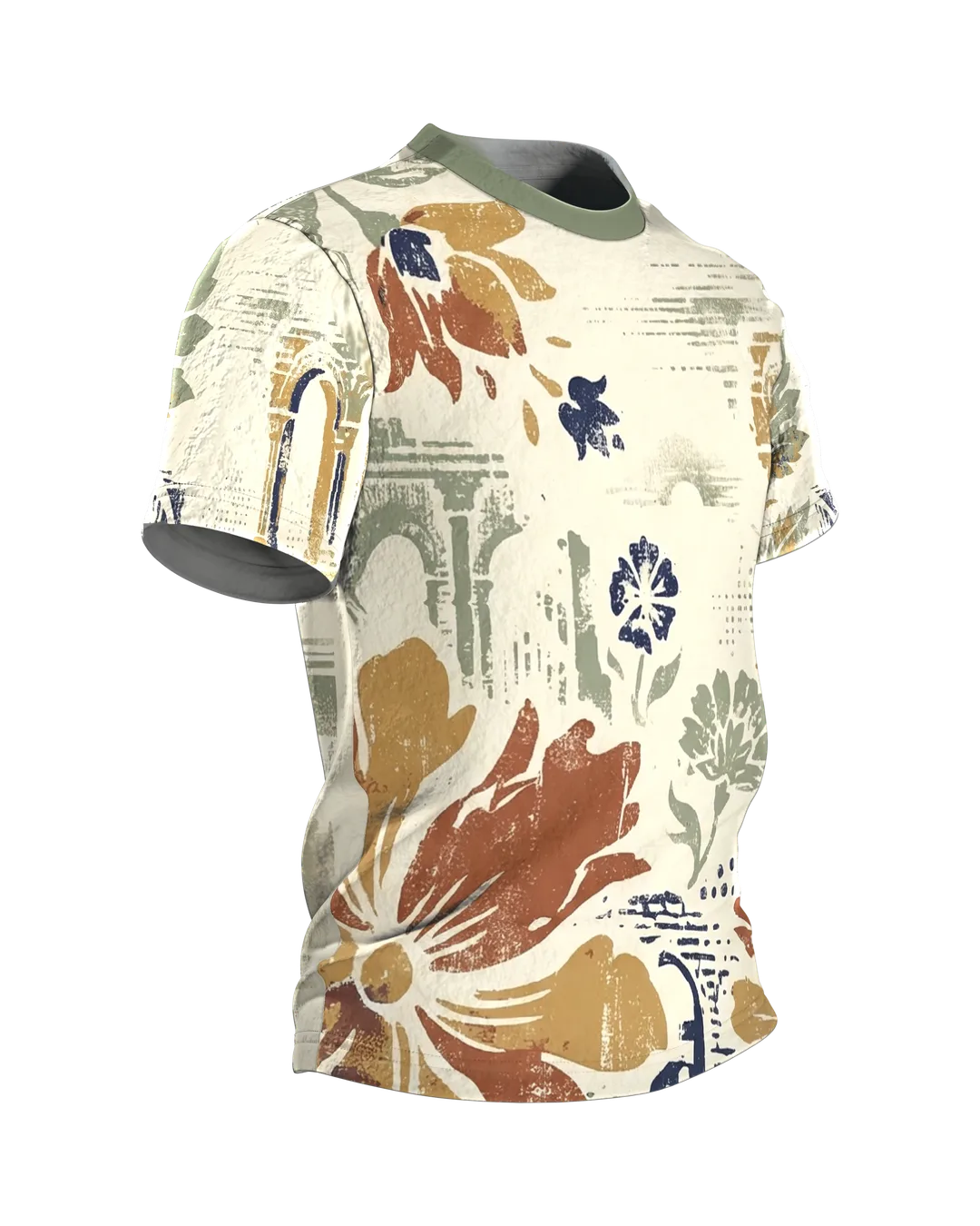 Vintage Floral Architecture T-shirt: arcades, stamped blooms and earth tones, Side view, left
