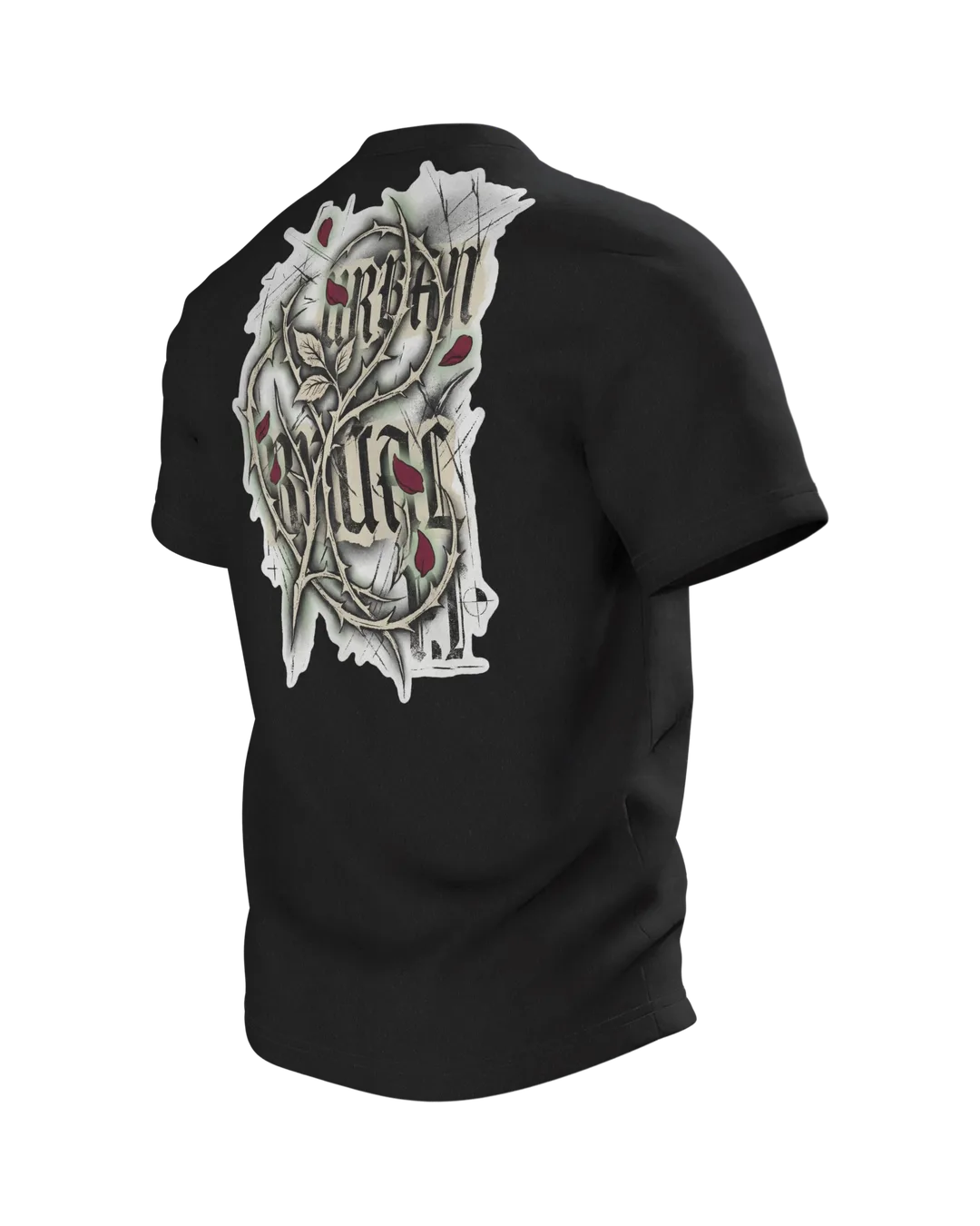 Gothic Rose Urban Ritual T-Shirt, Kreuz und Rose mit Schriftzügen Nocturnal Sigil und Forbidden, Dornen-Schrift am Rücken, Rückseite schräg links