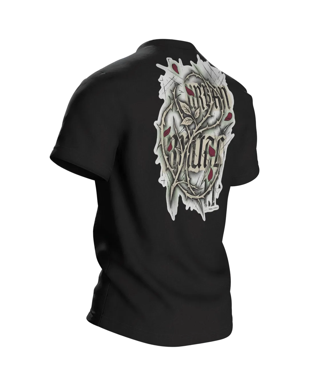 Gothic Rose Urban Ritual T-Shirt, Kreuz und Rose mit Schriftzügen Nocturnal Sigil und Forbidden, Dornen-Schrift am Rücken, Rückseite schräg rechts