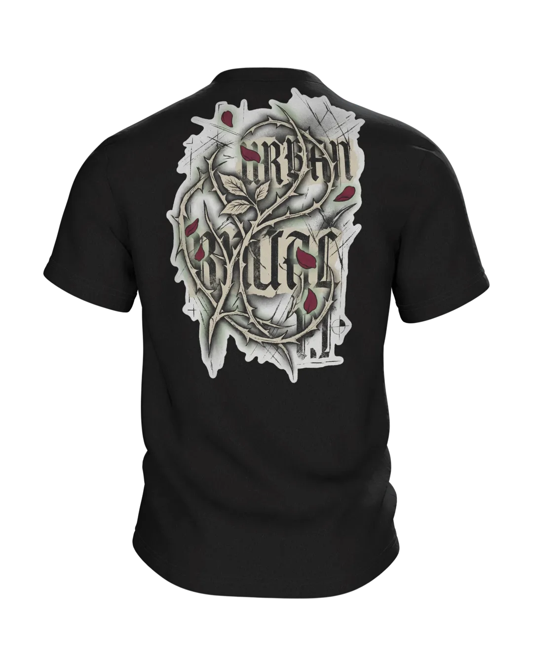 Gothic Rose Urban Ritual T-Shirt, Kreuz und Rose mit Schriftzügen Nocturnal Sigil und Forbidden, Dornen-Schrift am Rücken, Rückseite