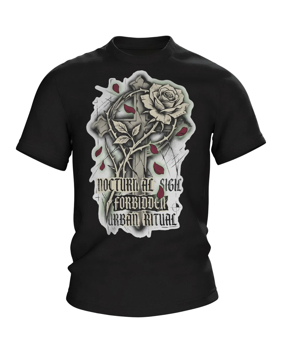 Gothic Rose Urban Ritual T-Shirt, Kreuz und Rose mit Schriftzügen Nocturnal Sigil und Forbidden, Dornen-Schrift am Rücken