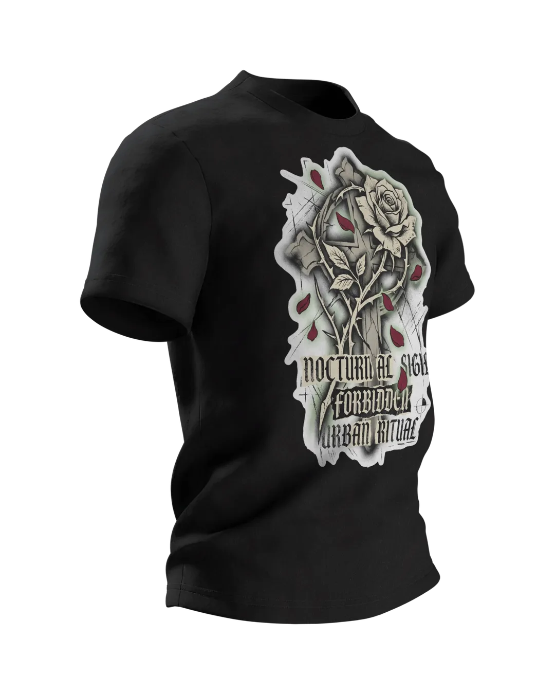 Gothic Rose Urban Ritual T-Shirt, Kreuz und Rose mit Schriftzügen Nocturnal Sigil und Forbidden, Dornen-Schrift am Rücken, Seitenansicht links