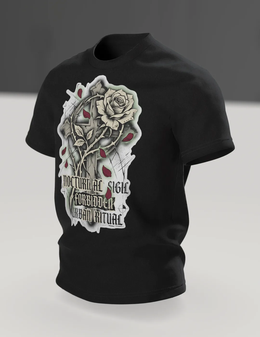 Gothic Rose Urban Ritual T-Shirt, Kreuz und Rose mit Schriftzügen Nocturnal Sigil und Forbidden, Dornen-Schrift am Rücken, Im Raum, schräg