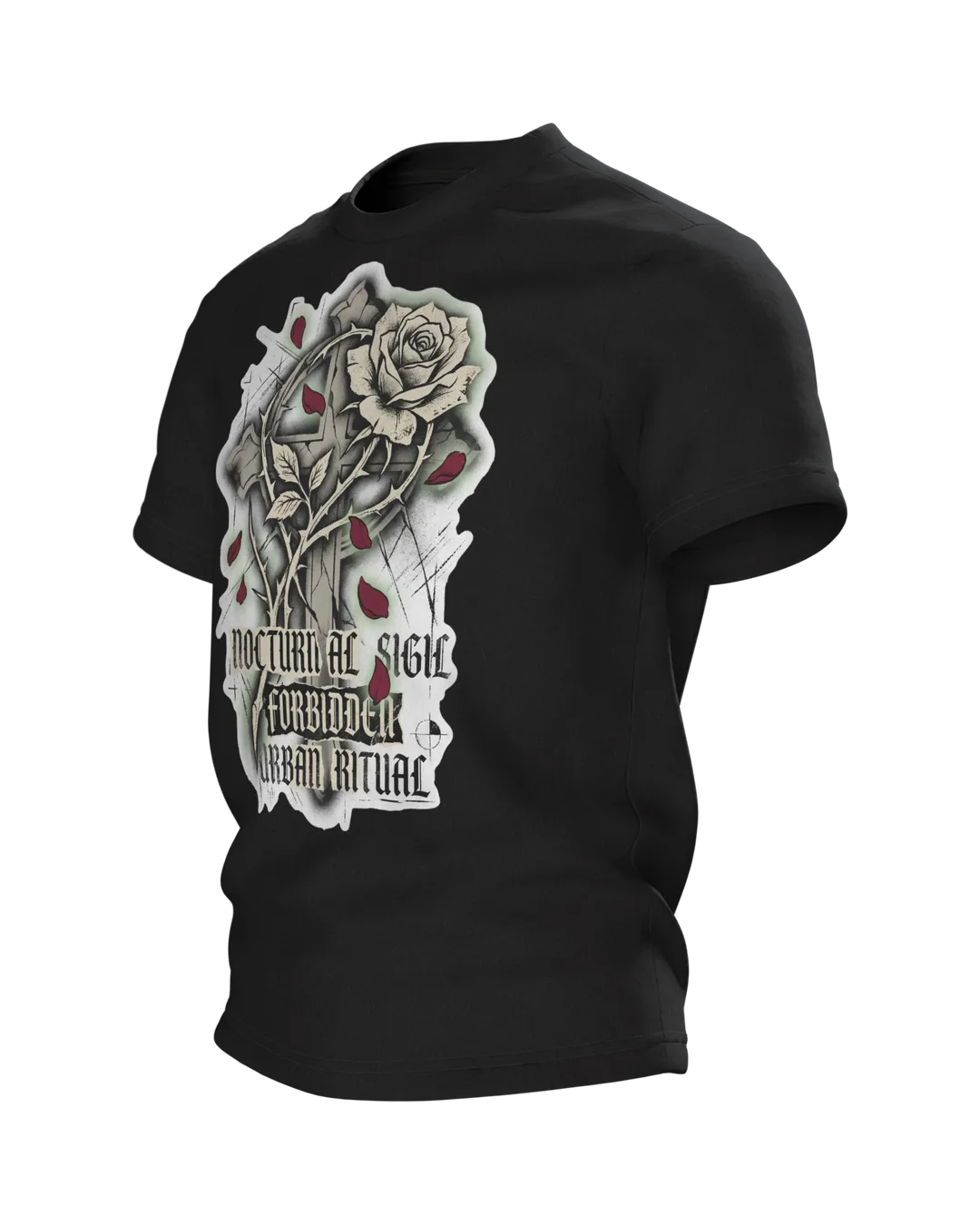 Gothic Rose Urban Ritual T-Shirt, Kreuz und Rose mit Schriftzügen Nocturnal Sigil und Forbidden, Dornen-Schrift am Rücken, Seitenansicht rechts
