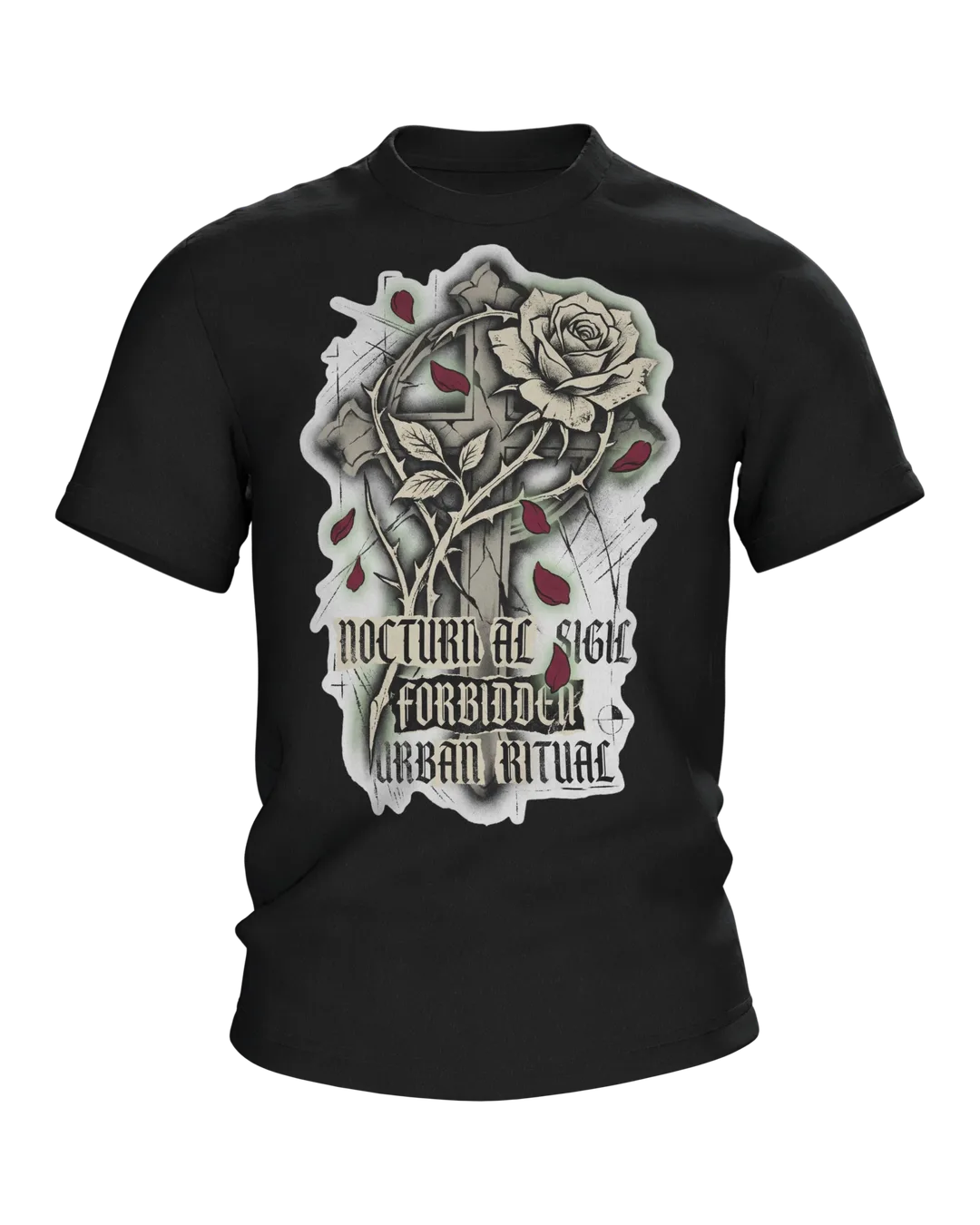 Gothic Rose Urban Ritual T-shirt, Cross and Rose with the Lettering Nocturnal Sigil and Forbidden, Thorn Script on the Back