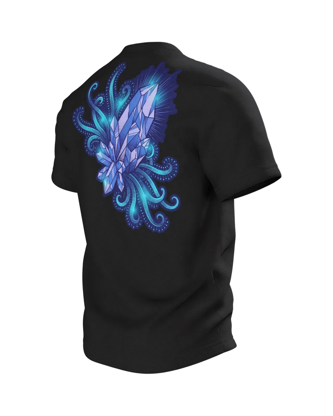 Kristall Tentakel T-Shirt, Tiefsee-Dotwork mit Cyan-Glow in Blau auf Dunkel, Rückseite schräg links