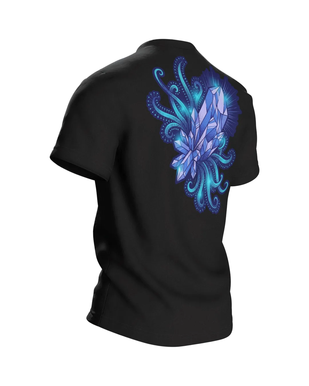 Kristall Tentakel T-Shirt, Tiefsee-Dotwork mit Cyan-Glow in Blau auf Dunkel, Rückseite schräg rechts