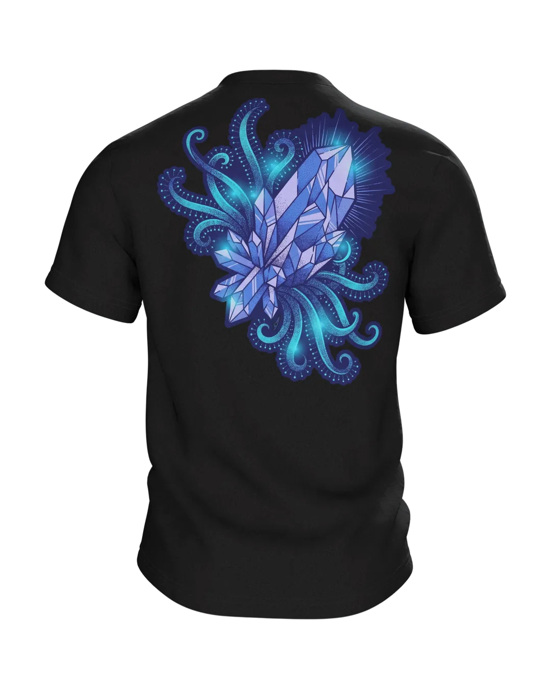 Kristall Tentakel T-Shirt, Tiefsee-Dotwork mit Cyan-Glow in Blau auf Dunkel, Rückseite