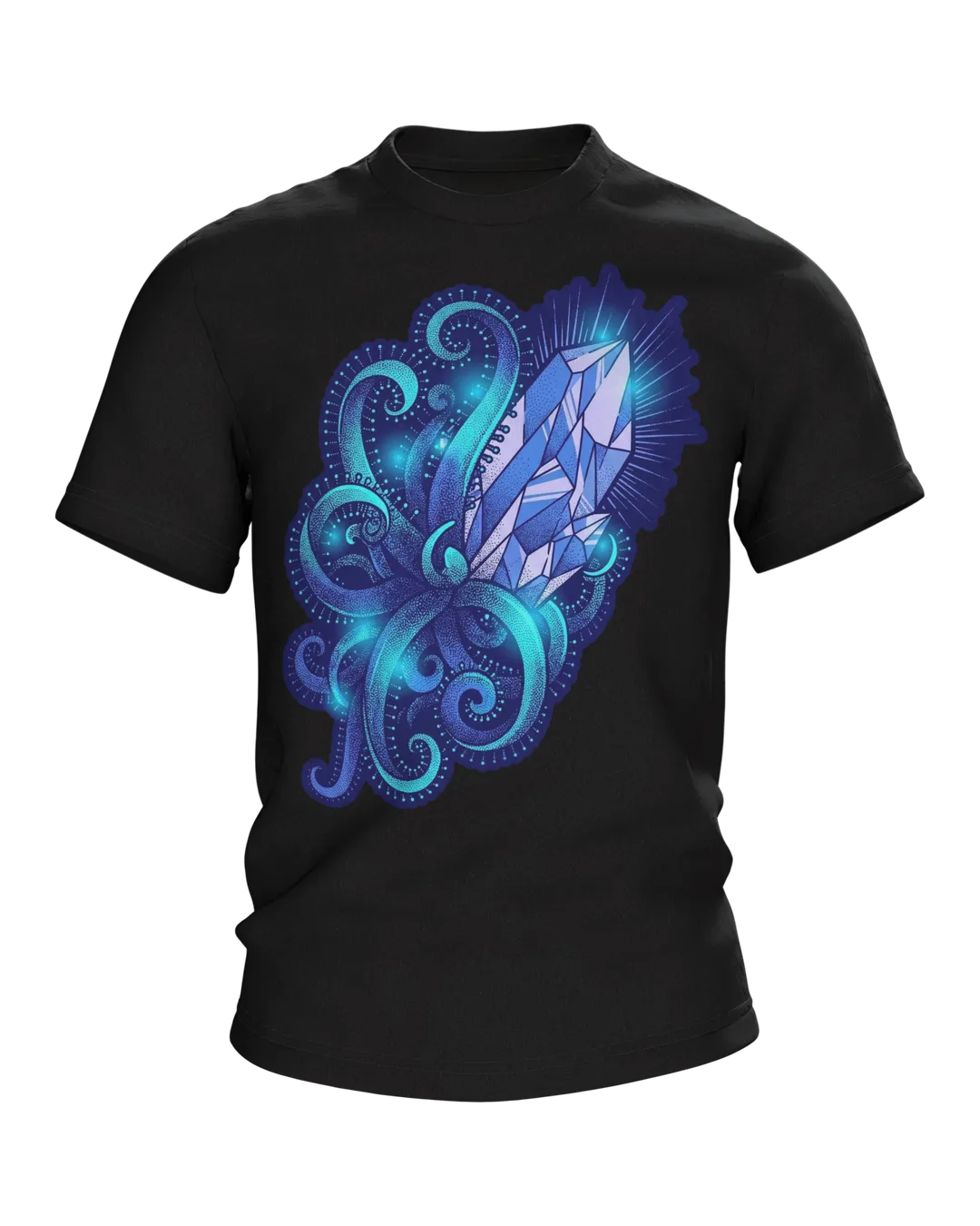 Kristall Tentakel T-Shirt, Tiefsee-Dotwork mit Cyan-Glow in Blau auf Dunkel