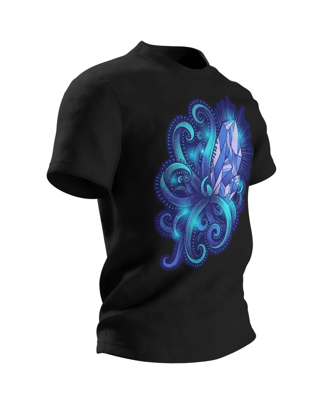 Kristall Tentakel T-Shirt, Tiefsee-Dotwork mit Cyan-Glow in Blau auf Dunkel, Seitenansicht links