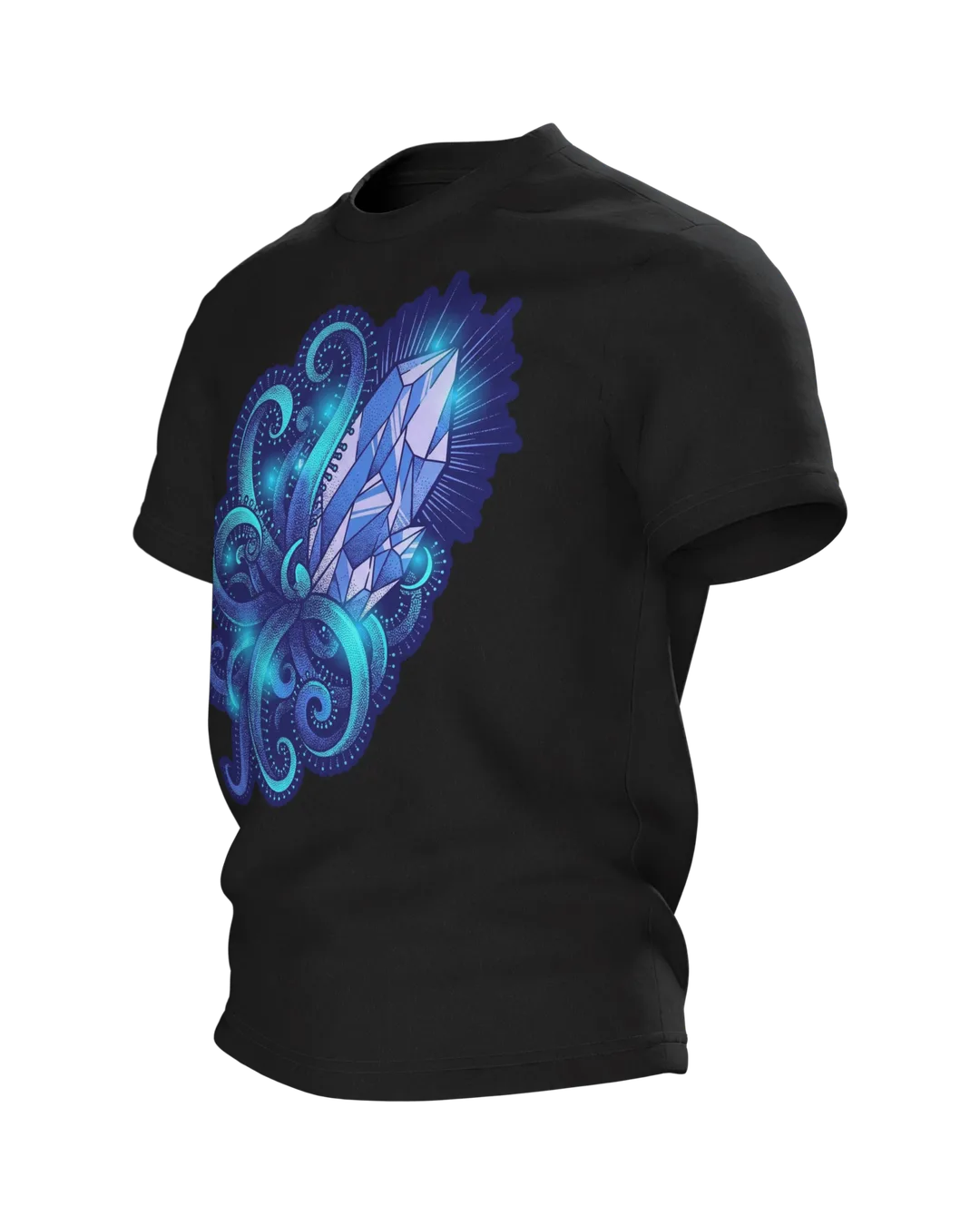 Kristall Tentakel T-Shirt, Tiefsee-Dotwork mit Cyan-Glow in Blau auf Dunkel, Seitenansicht rechts