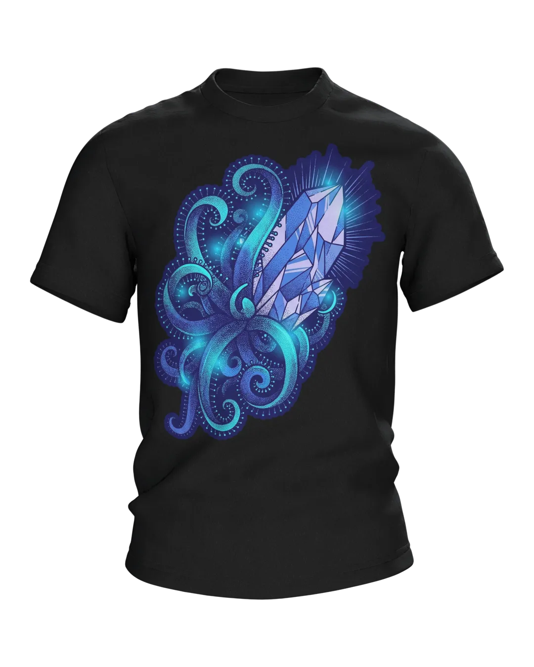 Crystal Tentacles T-shirt, Deep-Sea Dotwork with Cyan Glow in Blue on Dark