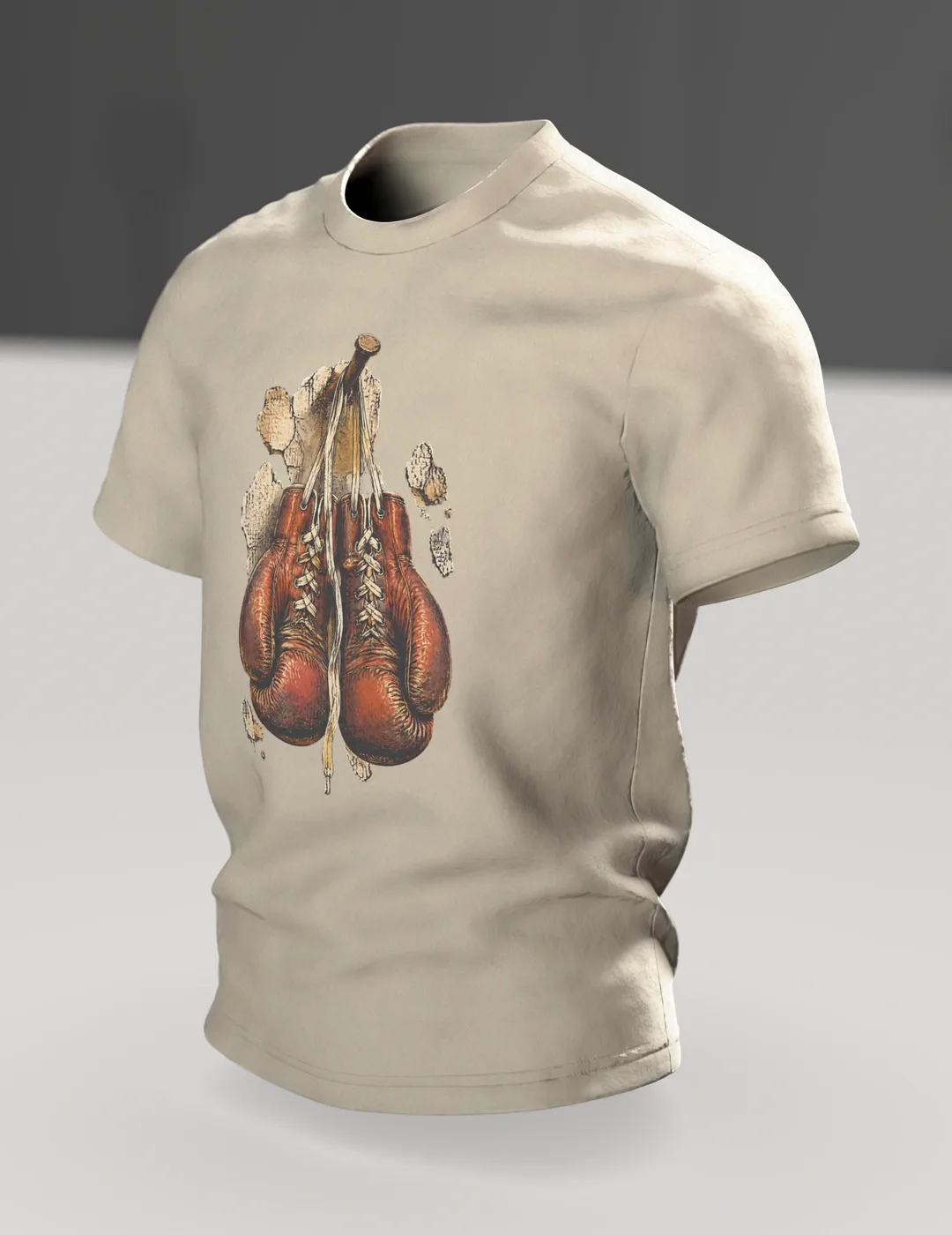 Boxen T-Shirt Boxhandschuhe am Nagel, Retro Boxer Motiv, Im Raum, schräg