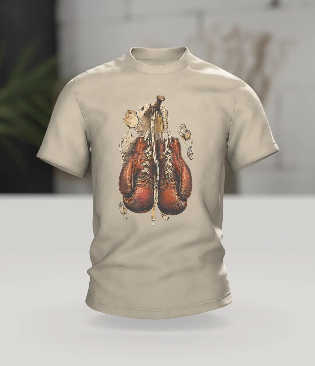 Boxen T-Shirt Boxhandschuhe am Nagel, Retro Boxer Motiv, Im Raum