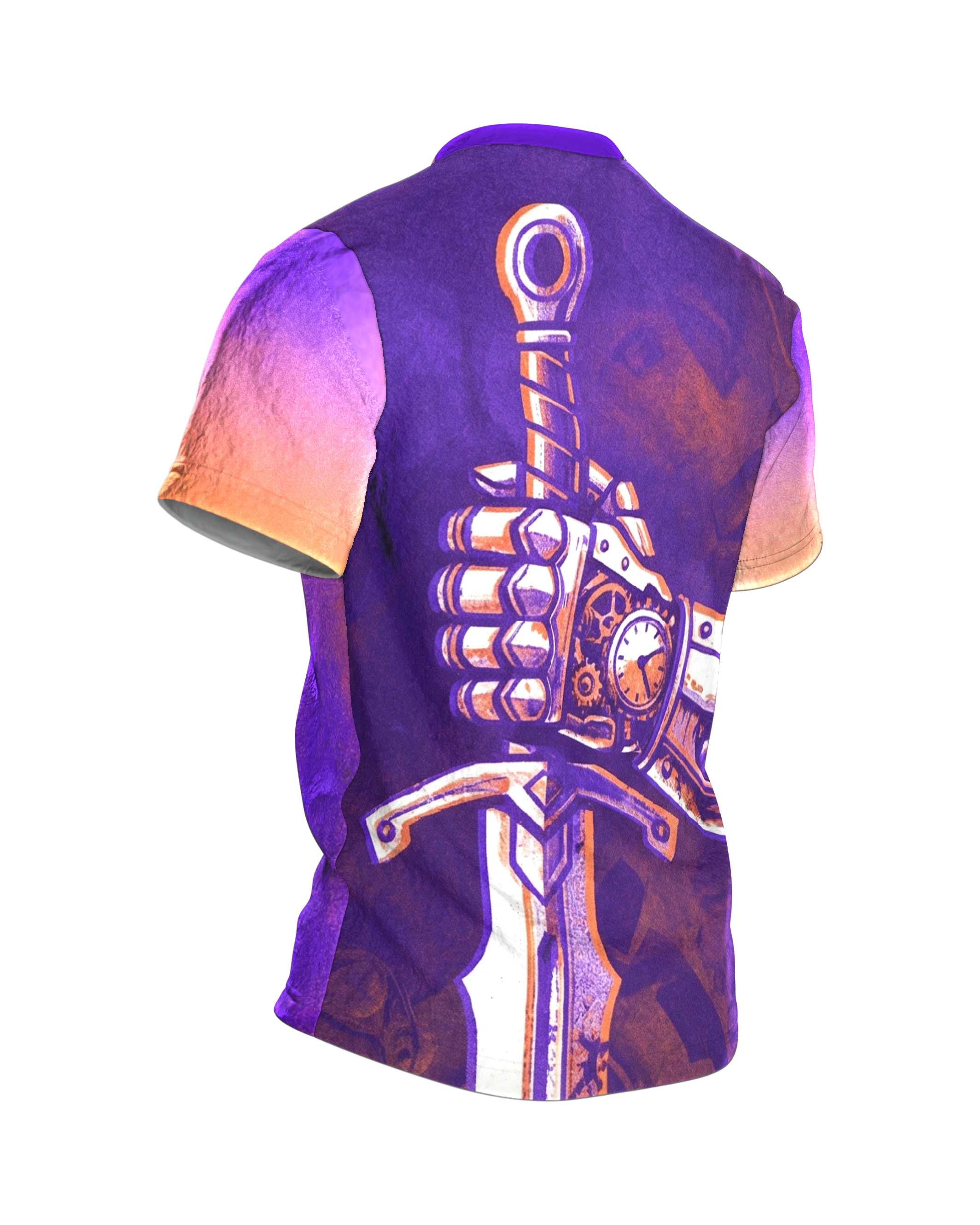 Steampunk Knight T-shirt, Gear Armor in Two-Color Print Style in Purple and Orange as an All-Over Print, Back, angled right