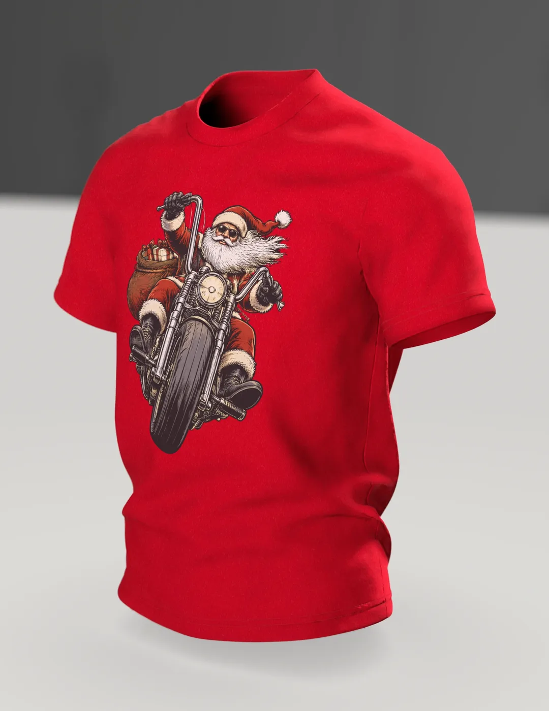 Biker Weihnachtsmann T-Shirt: Santa auf dem Chopper, Im Raum, schräg