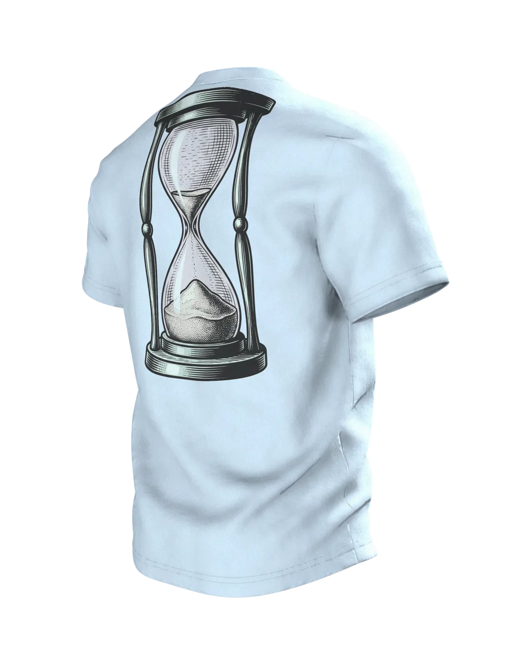 Wecker T-Shirt "Montage sind Montage", zerfließende Uhr im Gravur-Stil, Rückseite schräg links