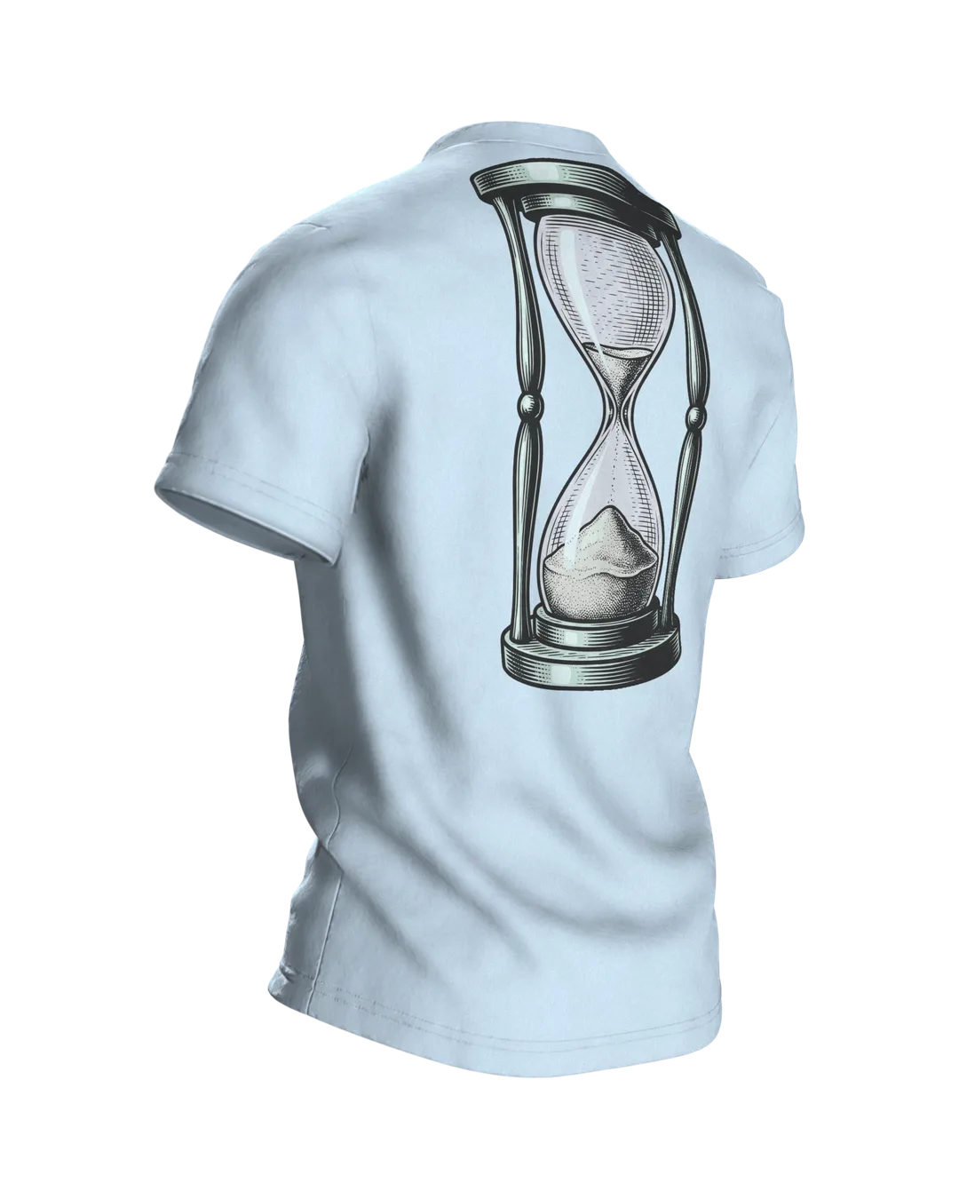 Wecker T-Shirt "Montage sind Montage", zerfließende Uhr im Gravur-Stil, Rückseite schräg rechts