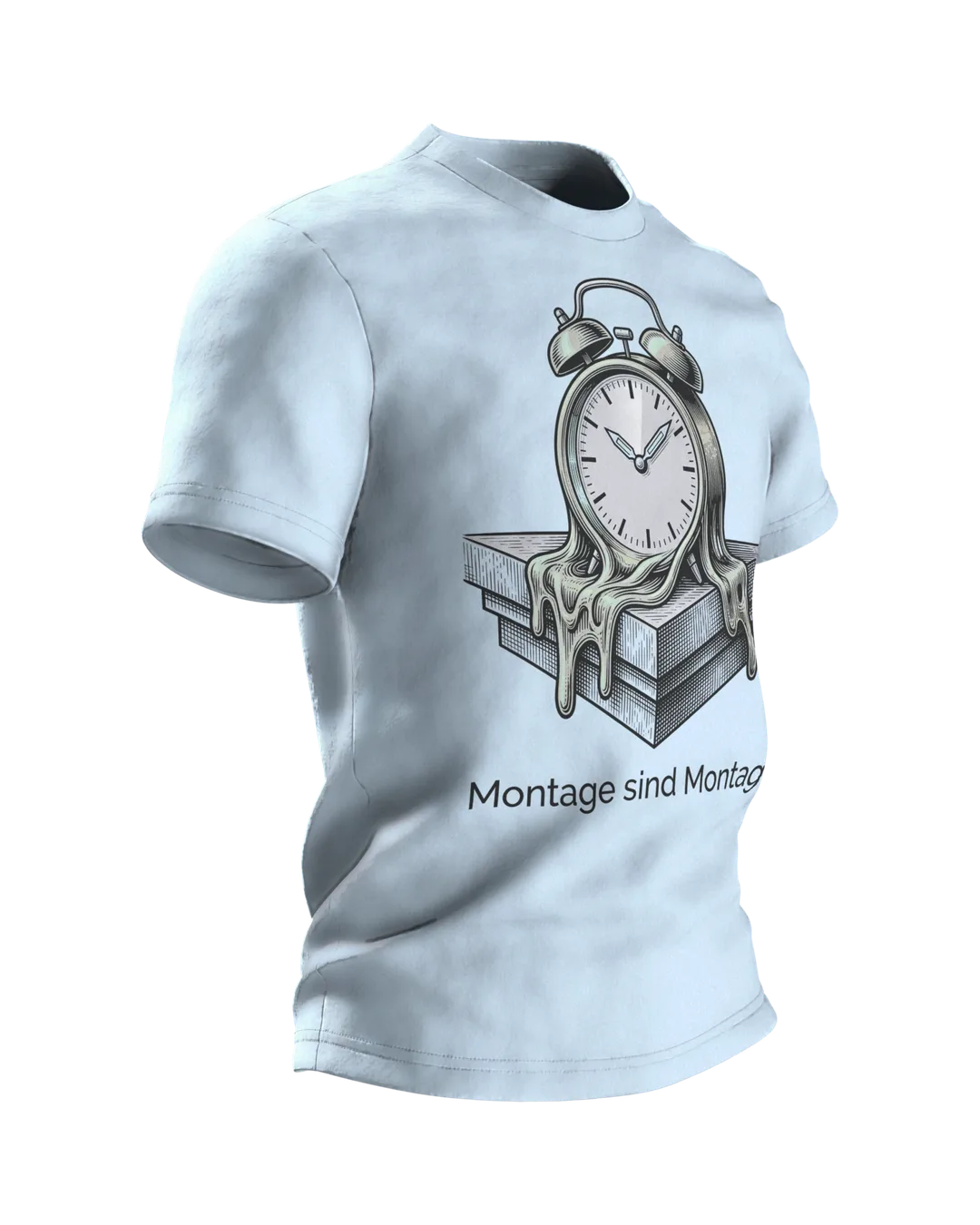 Wecker T-Shirt "Montage sind Montage", zerfließende Uhr im Gravur-Stil, Seitenansicht links
