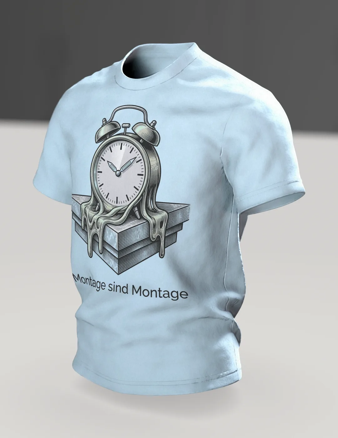Wecker T-Shirt "Montage sind Montage", zerfließende Uhr im Gravur-Stil, Im Raum, schräg