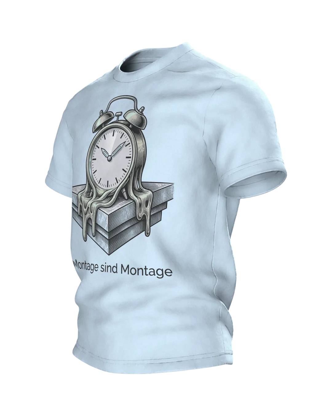 Wecker T-Shirt "Montage sind Montage", zerfließende Uhr im Gravur-Stil, Seitenansicht rechts