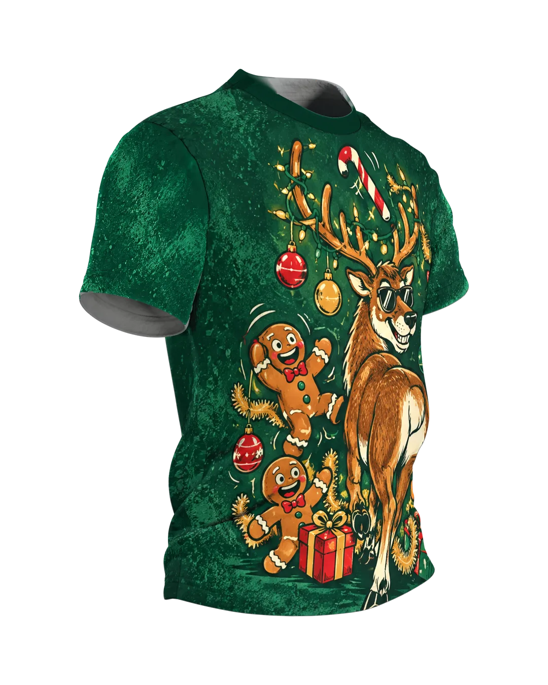 Reindeer Ugly Christmas Shirt with Gingerbread Men, Side view, left