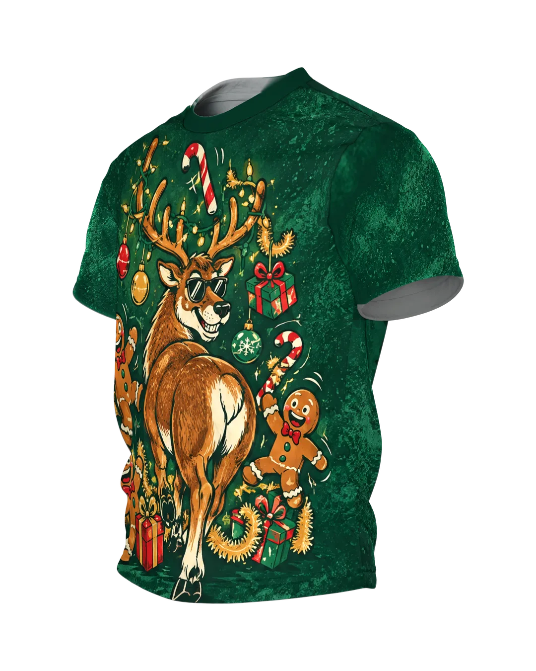 Reindeer Ugly Christmas Shirt with Gingerbread Men, Side view, right