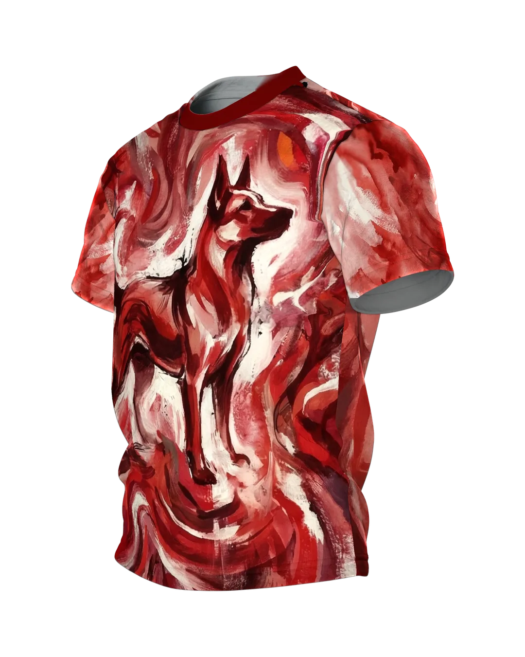 Feuriger Hund T-Shirt, expressive Malerei in Rot, Flammenwirbel vorn, Lichtfeld am Rücken, Seitenansicht rechts