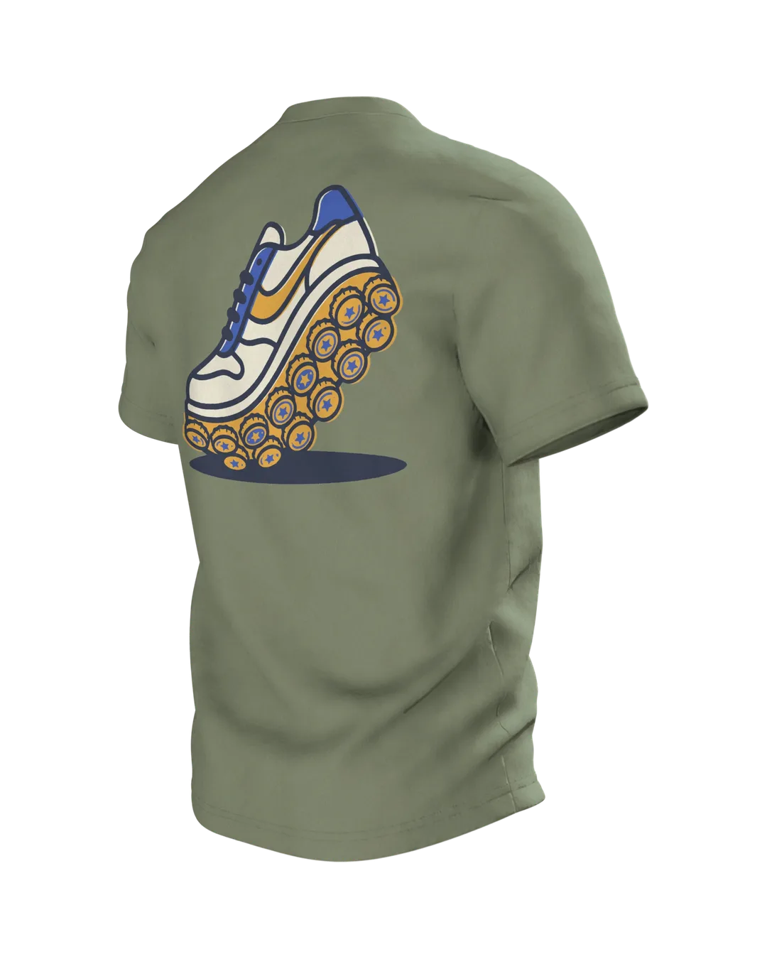 Bierkrug Hantel T-Shirt "Feierabend ist mein Kardio", Vereinswappen vorn, Kronkorken-Sneaker hinten, Rückseite schräg links