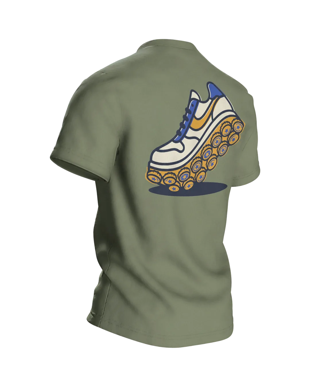 Bierkrug Hantel T-Shirt "Feierabend ist mein Kardio", Vereinswappen vorn, Kronkorken-Sneaker hinten, Rückseite schräg rechts