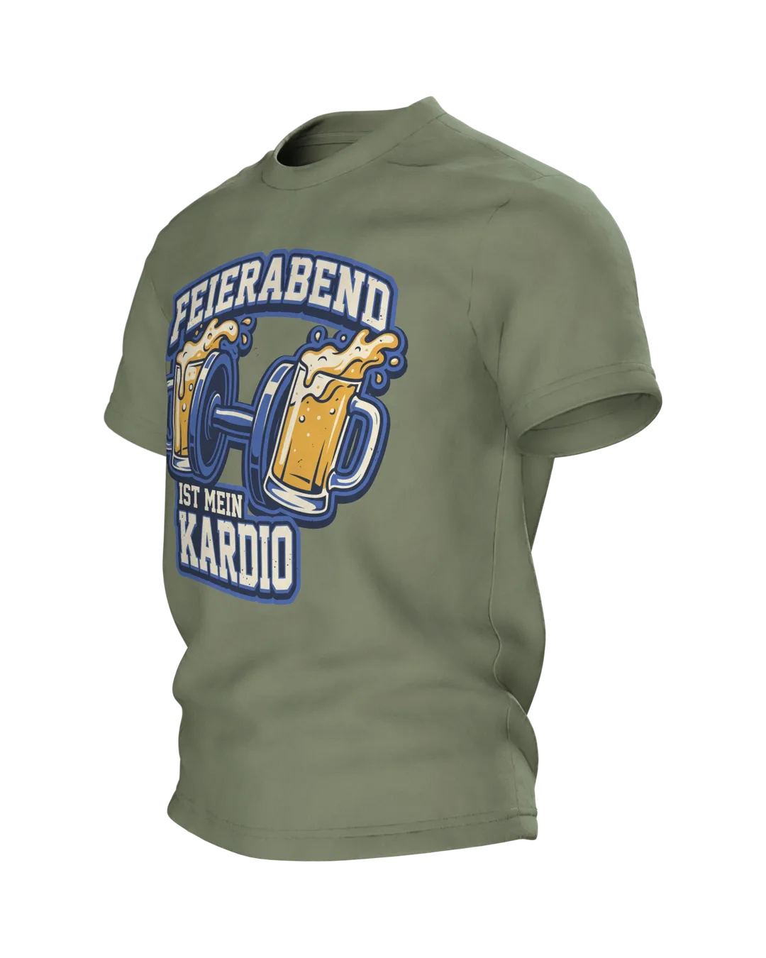 Bierkrug Hantel T-Shirt "Feierabend ist mein Kardio", Vereinswappen vorn, Kronkorken-Sneaker hinten, Seitenansicht rechts