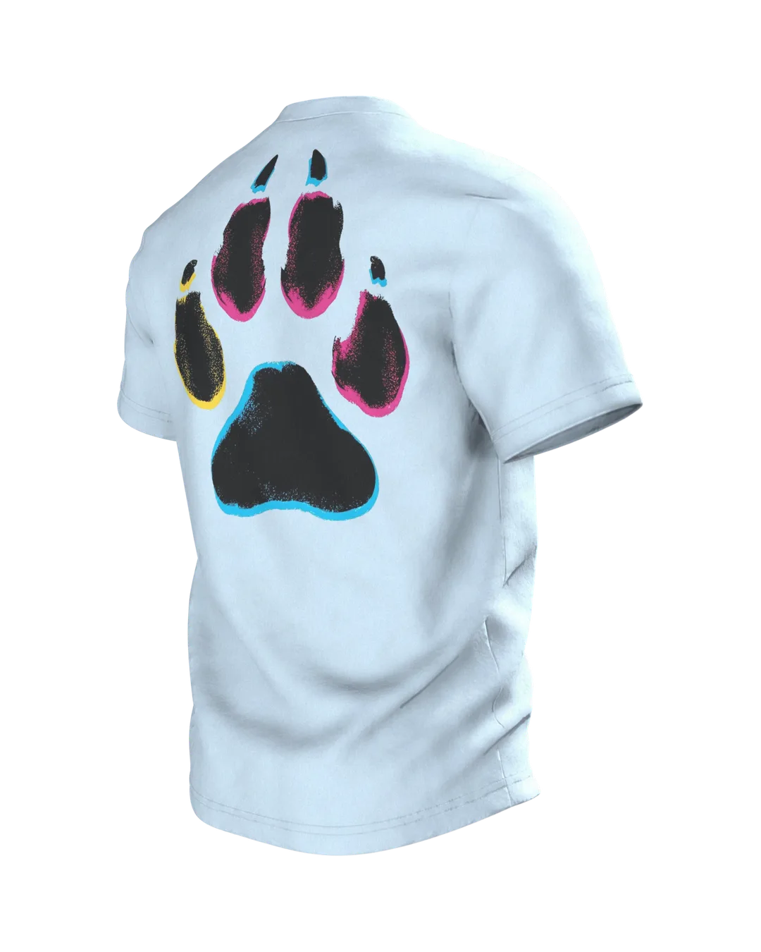 Australian Shepherd T-Shirt, Pop-Art Porträt in Magenta Cyan Gelb, Rückseite schräg links