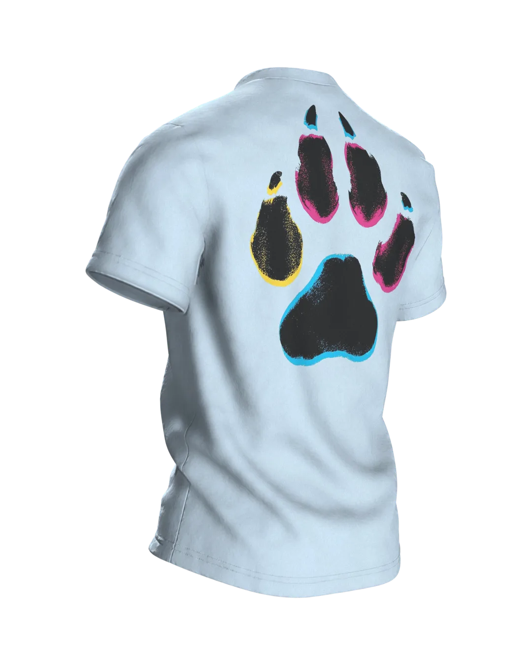 Australian Shepherd T-Shirt, Pop-Art Porträt in Magenta Cyan Gelb, Rückseite schräg rechts