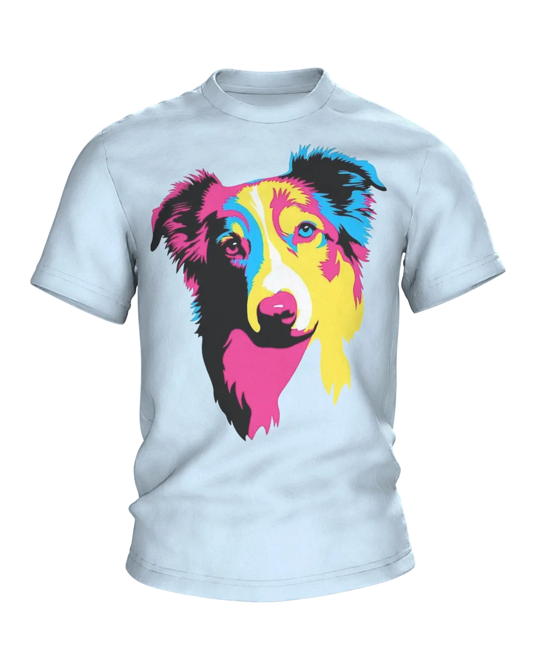 Australian Shepherd T-Shirt, Pop-Art Porträt in Magenta Cyan Gelb