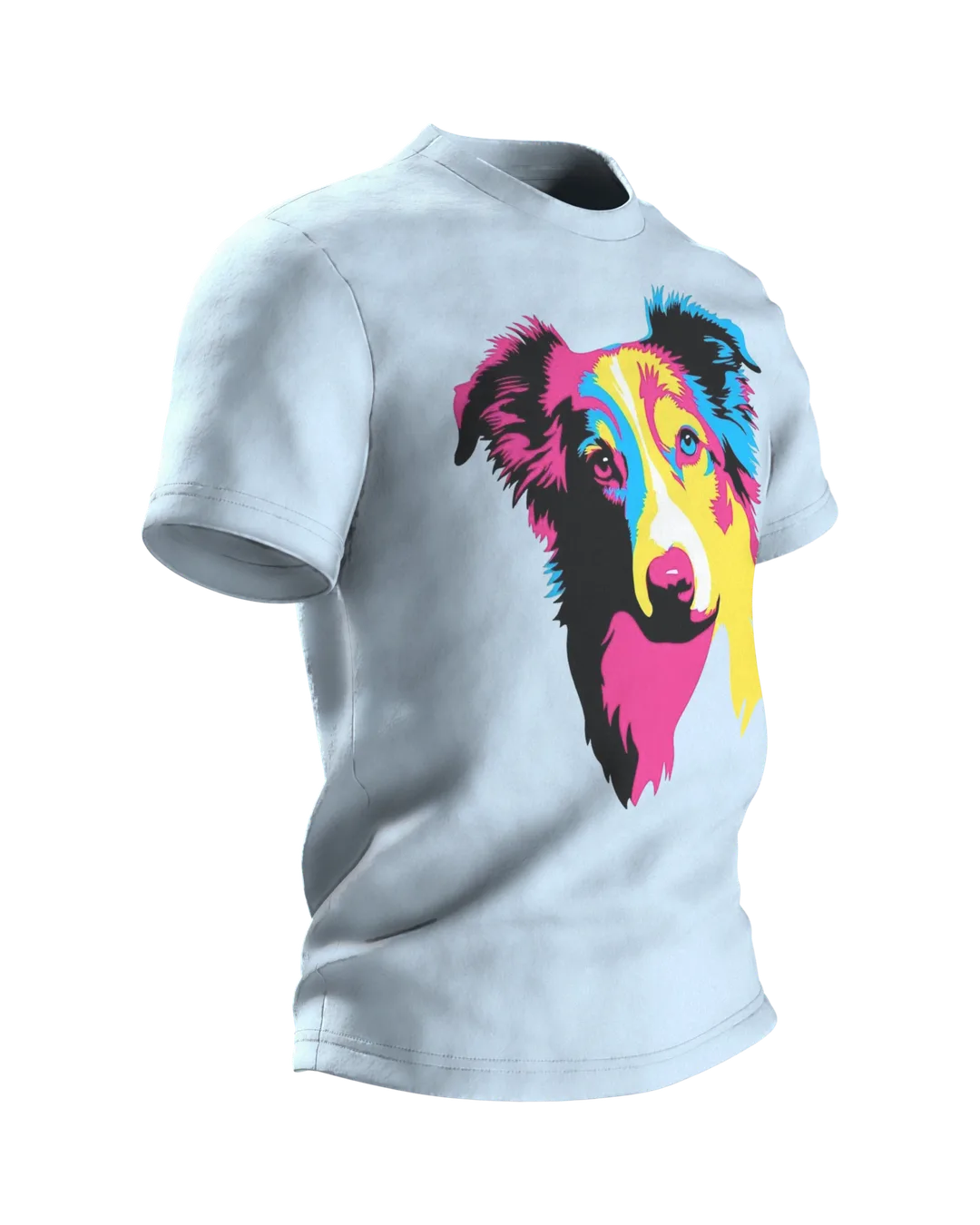 Australian Shepherd T-shirt, Pop Art Portrait in Magenta Cyan Yellow, Side view, left