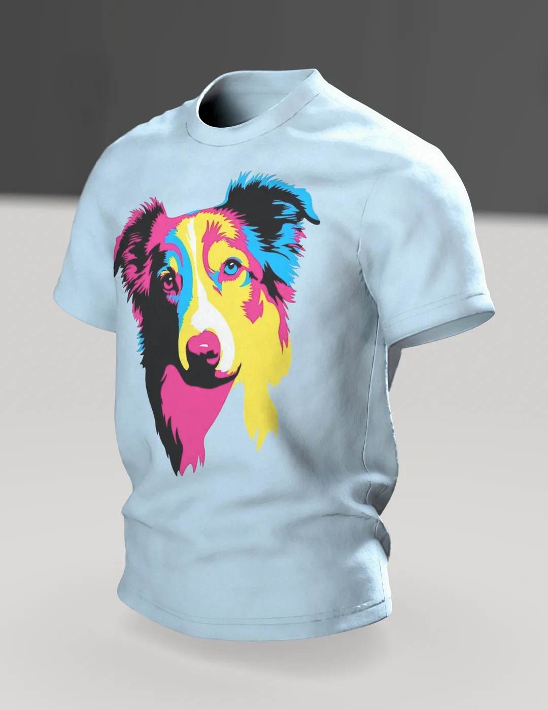 Australian Shepherd T-shirt, Pop Art Portrait in Magenta Cyan Yellow, In context, angled