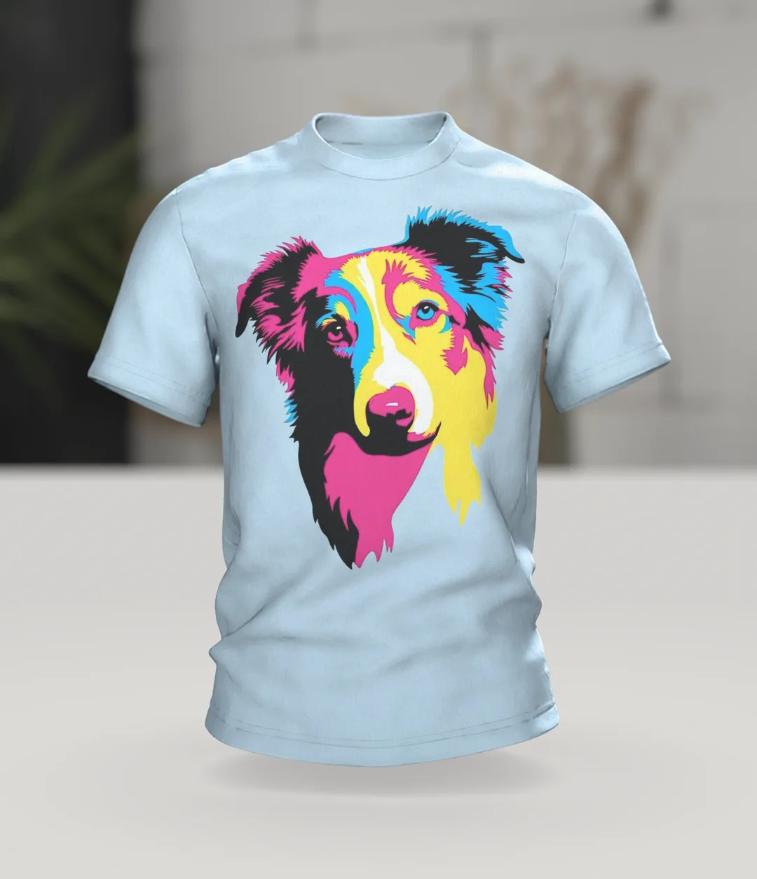 Australian Shepherd T-shirt, Pop Art Portrait in Magenta Cyan Yellow, In context