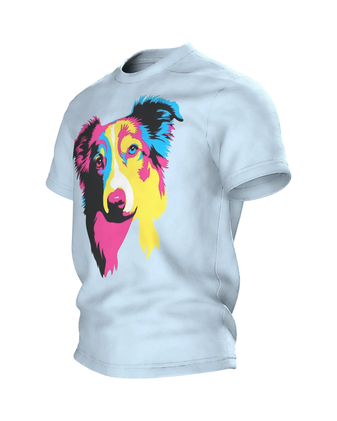 Australian Shepherd T-shirt, Pop Art Portrait in Magenta Cyan Yellow, Side view, right