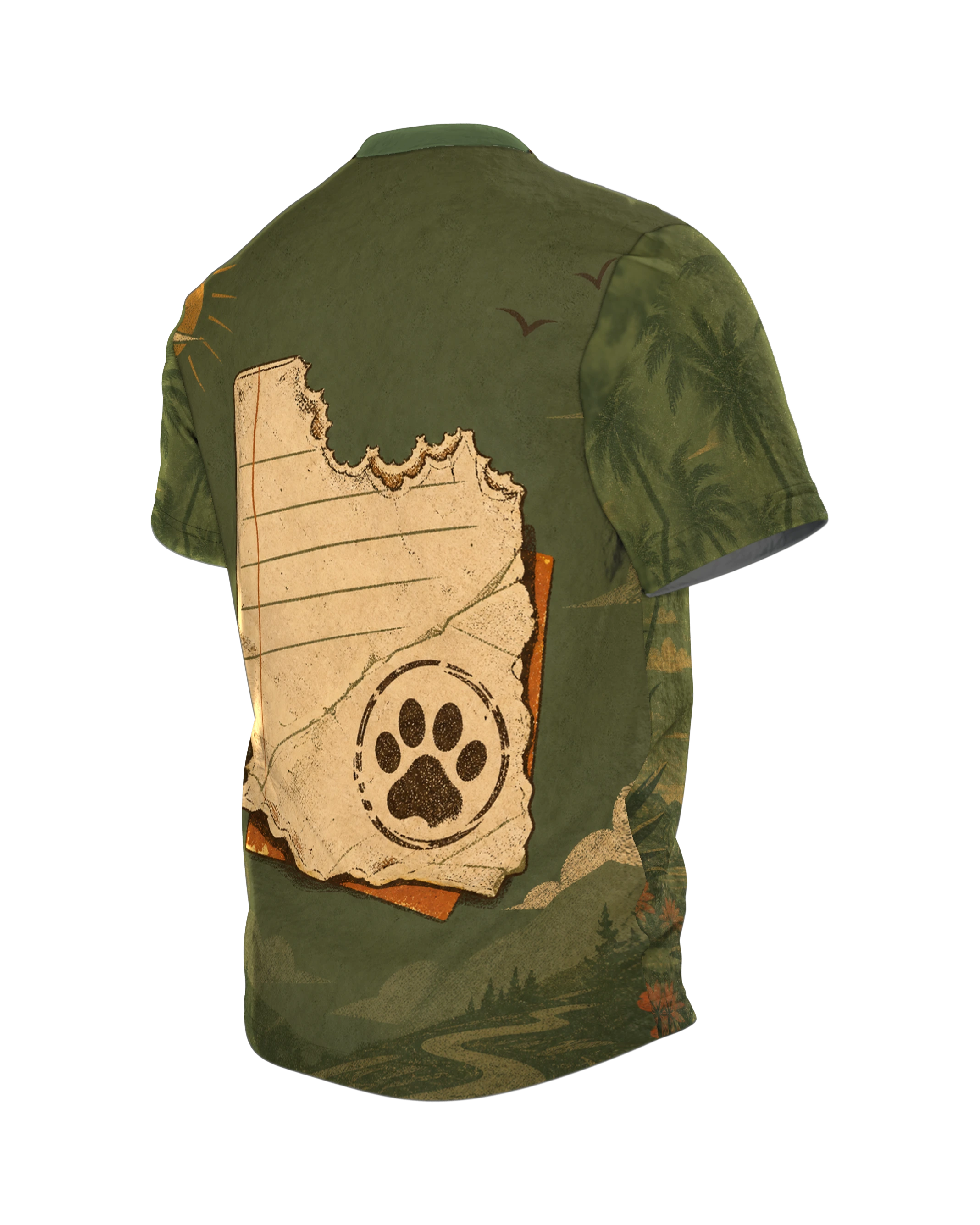 Dachshund Quote T-Shirt: German quote "Ich brauche keinen Therapeuten, ich habe einen Hund", retro sun with palm trees, all-over print, Back, angled left