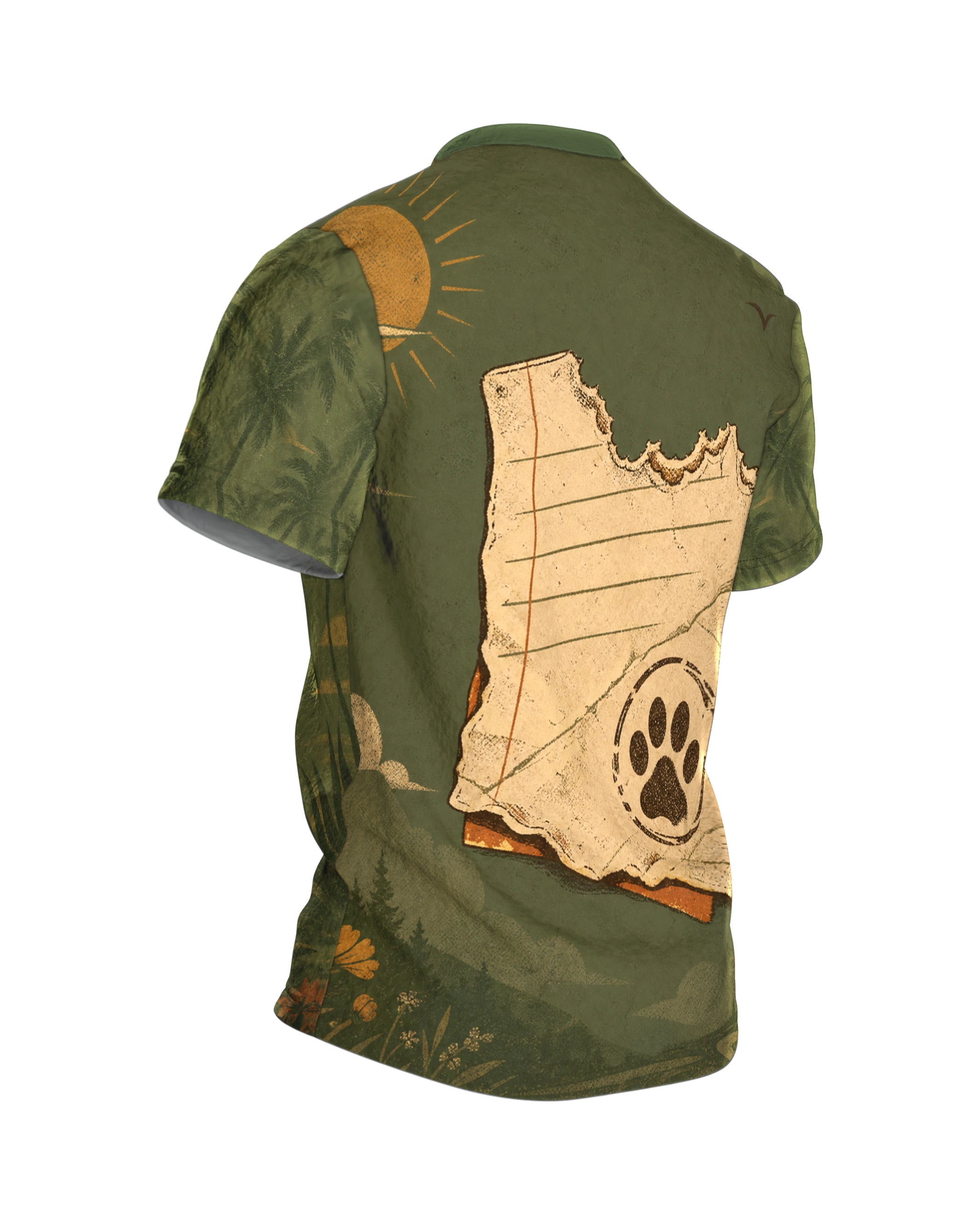 Dachshund Quote T-Shirt: German quote "Ich brauche keinen Therapeuten, ich habe einen Hund", retro sun with palm trees, all-over print, Back, angled right