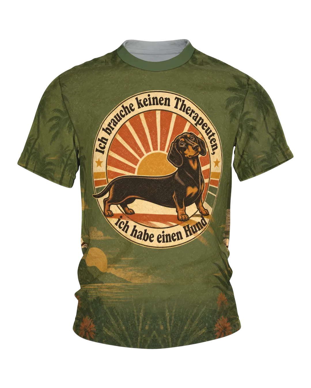 Dachshund Quote T-Shirt: German quote "Ich brauche keinen Therapeuten, ich habe einen Hund", retro sun with palm trees, all-over print