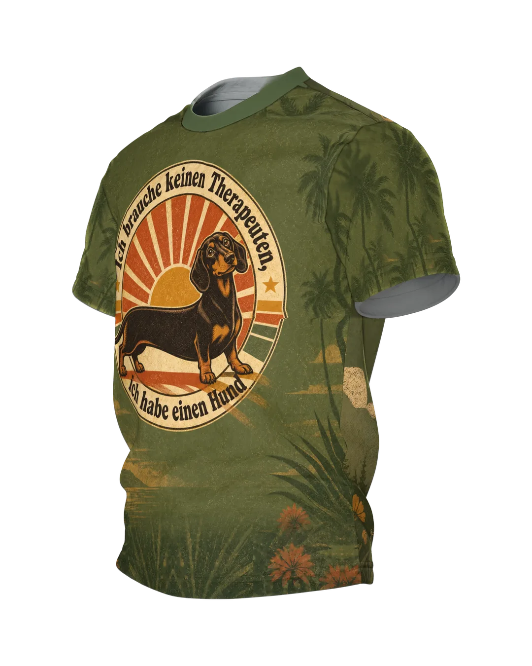 Dachshund Quote T-Shirt: German quote "Ich brauche keinen Therapeuten, ich habe einen Hund", retro sun with palm trees, all-over print, Side view, right