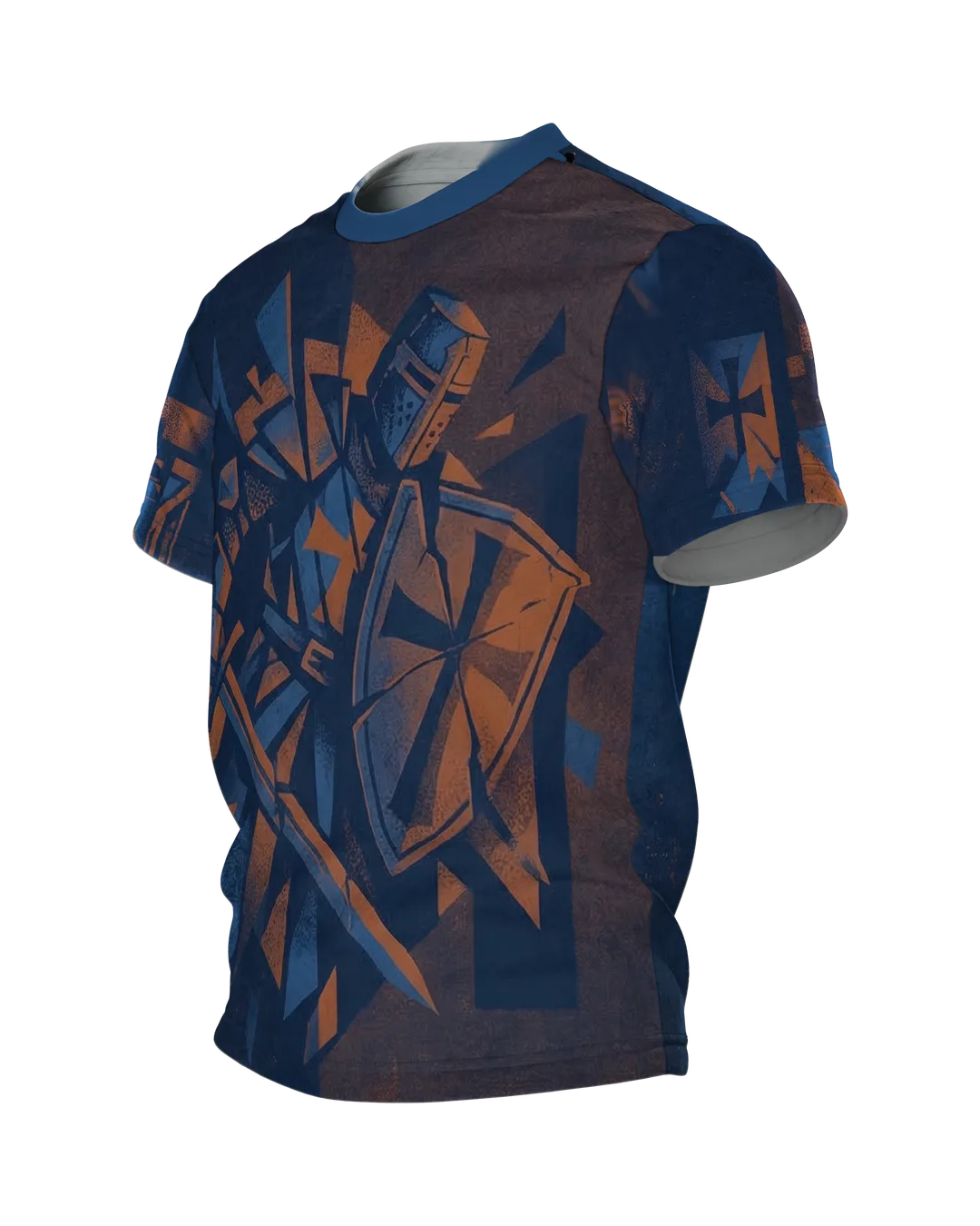 Kreuzritter T-Shirt: Ritter im Splitterbild, Tatzenkreuz auf dem Dreiecksschild, Seitenansicht rechts