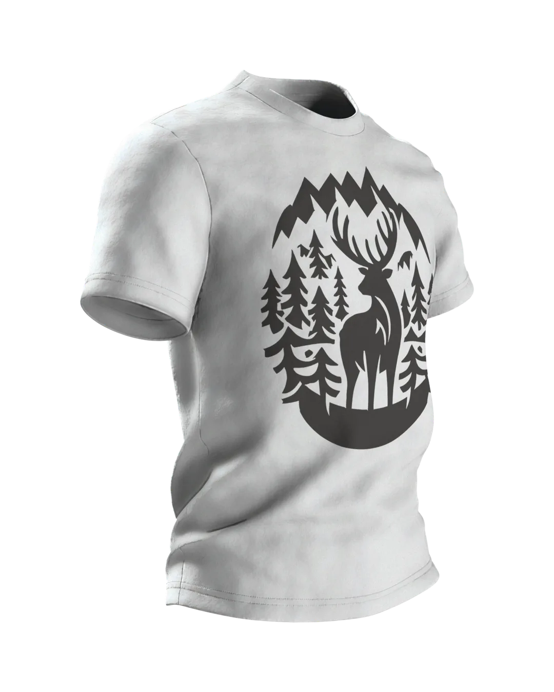 Jagd T-Shirt: Hirsch im Bergwald, Scherenschnitt, Seitenansicht links