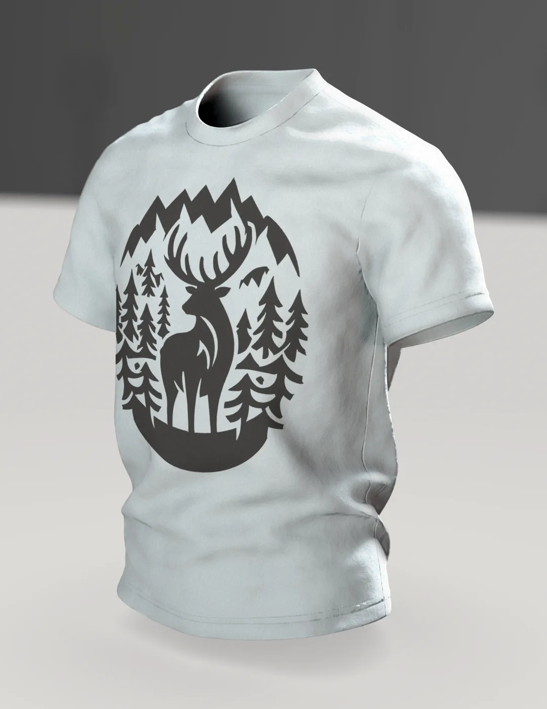 Jagd T-Shirt: Hirsch im Bergwald, Scherenschnitt, Im Raum, schräg