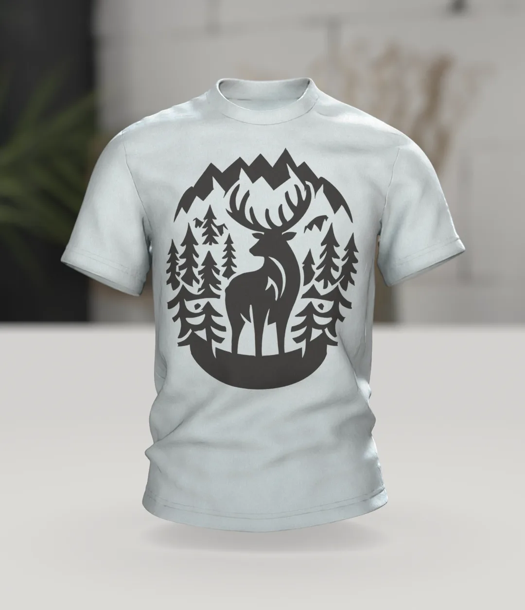 Jagd T-Shirt: Hirsch im Bergwald, Scherenschnitt, Im Raum