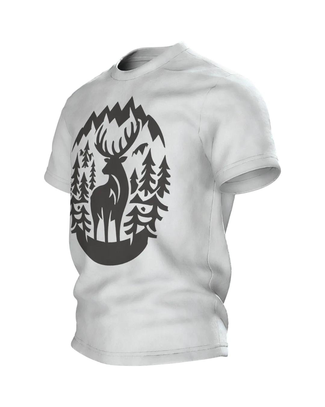Jagd T-Shirt: Hirsch im Bergwald, Scherenschnitt, Seitenansicht rechts
