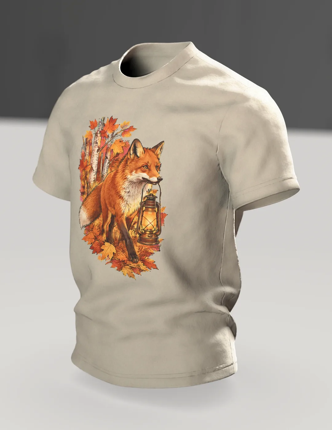 Fuchs T-Shirt mit Laterne: Laternenträger im Birkenwald, Im Raum, schräg