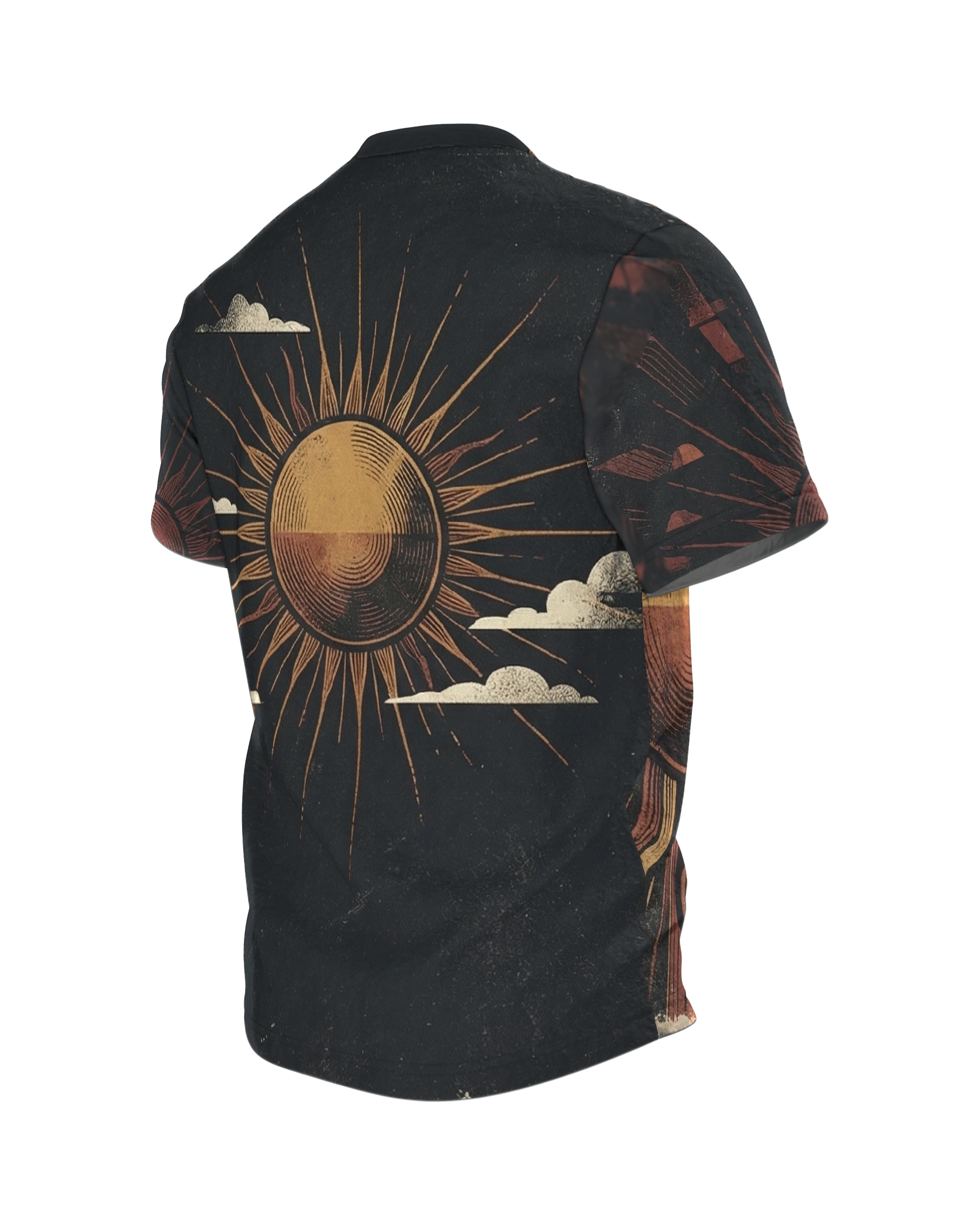 70s Sunset T-Shirt, geteilte Sonnenscheibe mit Wellenstrahlen über gebautem Abendhimmel, Strahlenkranz am Rücken, Rückseite schräg links