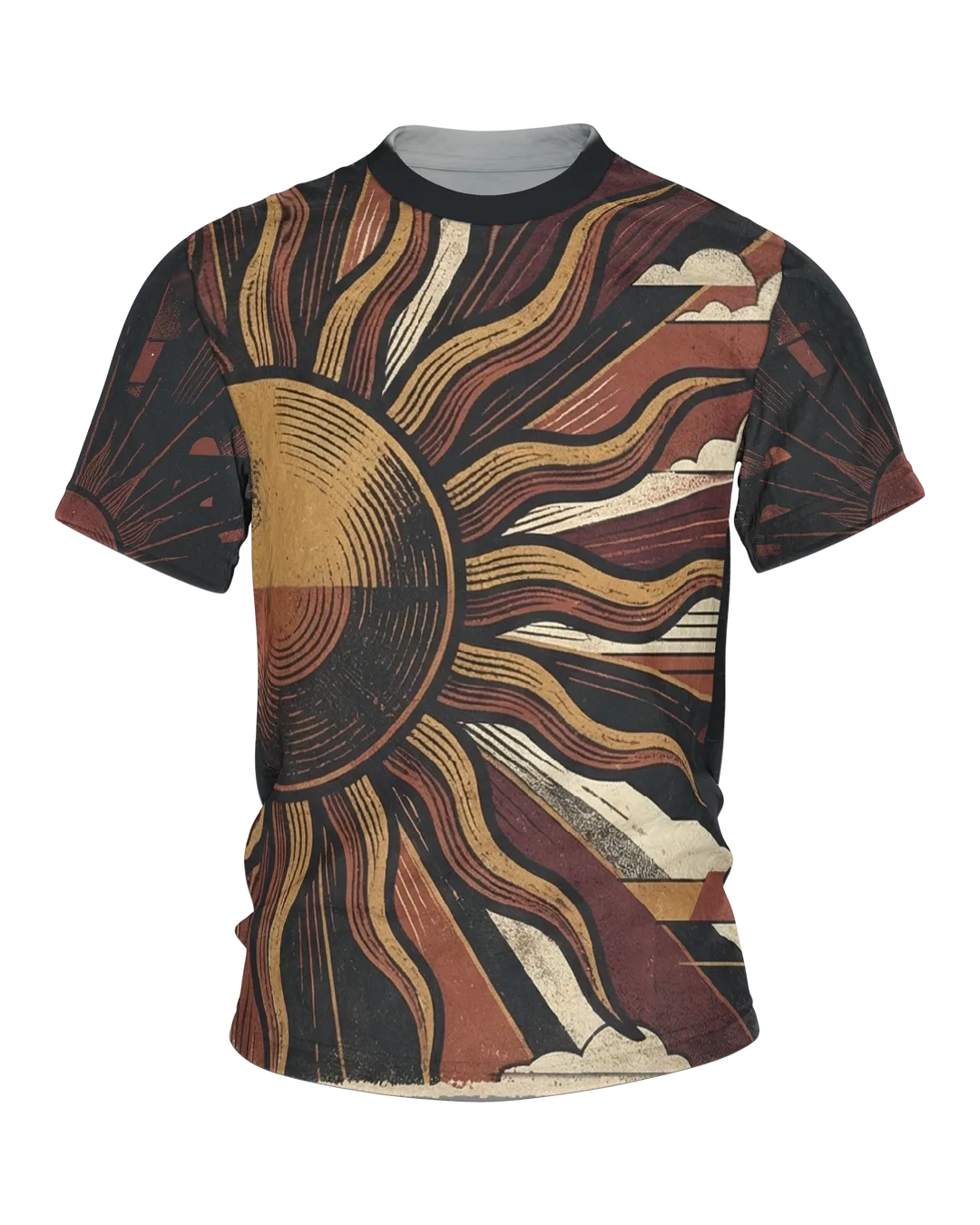 70s Sunset T-shirt, split sun disc with wavy rays over a constructed evening sky, ray crown on the back